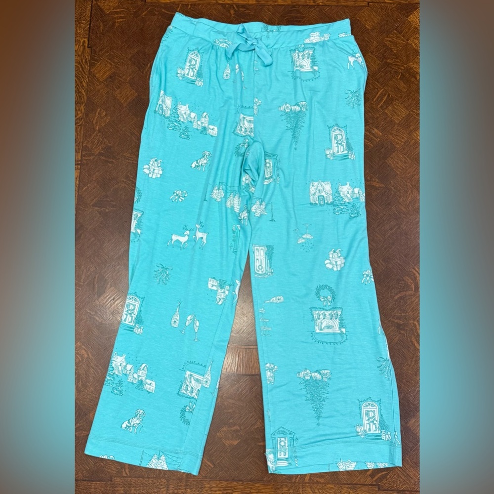 Crown & Ivy Teal Pajama Bottoms with Whimsical Christmas Print